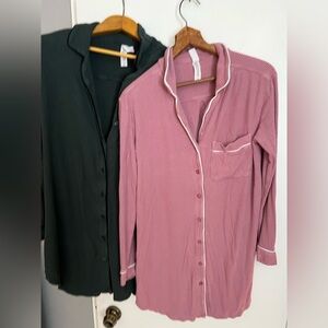 Auden Sleep Shirts -2 - XS Ribbed Button-Up Lounge Top - Pink & Dark Green